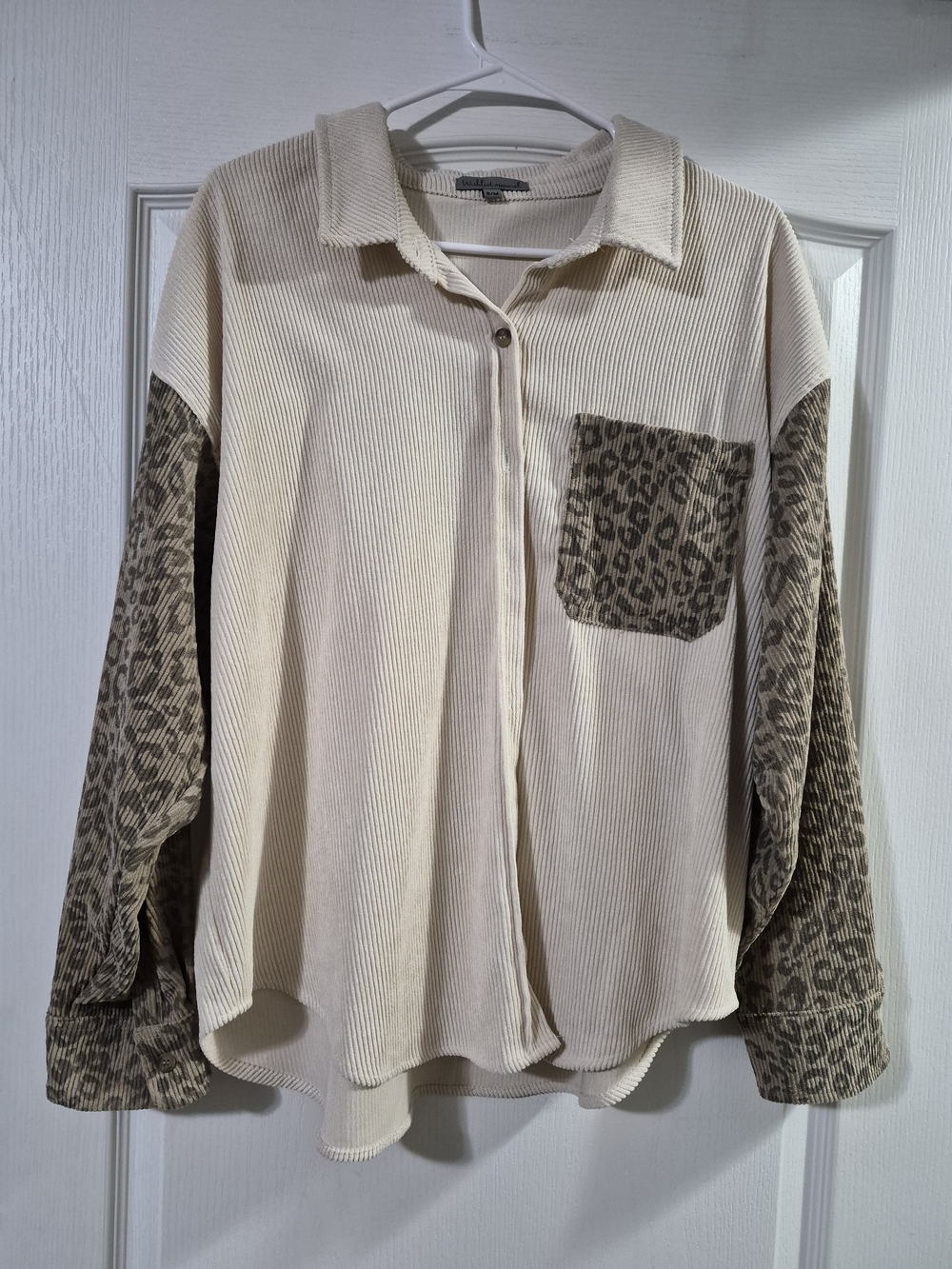 Girls' Cream Button-Up Top with Leopard Print Pocket & Sleeves